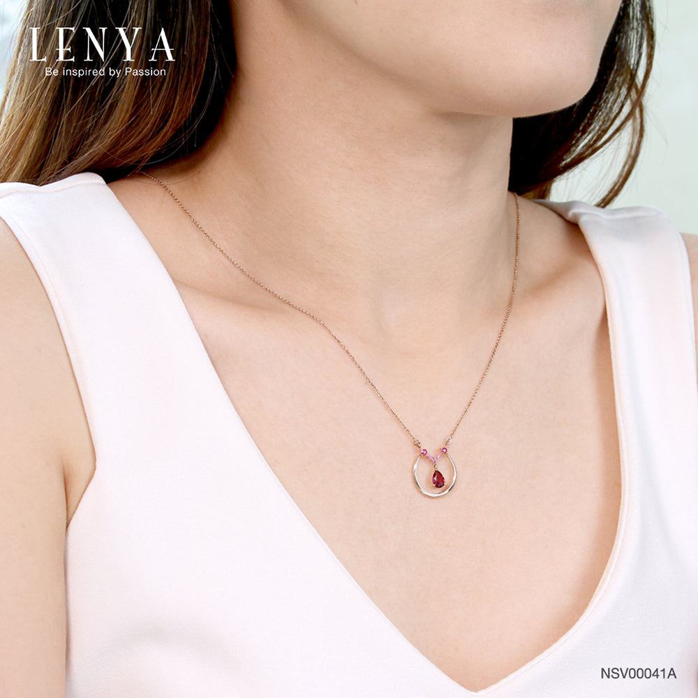 LENYA สร้อยคอเงินแท้ 925 ประดับพลอย ทรงหยดน้ำ โรโดไลท์(Rhodolite) และพลอยทับทิม (Ruby) ชุบพิ้ง โกลด์ สวยสง่า เพิ่มเสน่ห์ดึงดูดในตัวคุณ
