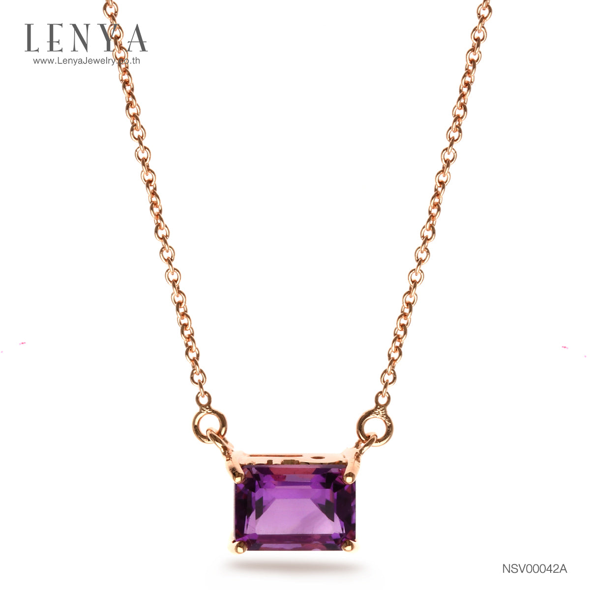 LENYA สร้อยคอเงินแท้ 925 ชุบพิ้งโกลด์ ประดับอัญมณีสีม่วง อเมทิสต์ (Amethyst) ดีไซน์สี่เหลี่ยมผืนผ้า ขนาดเหมาะเจาะ ช่วยขับให้ลำคอดูเรียวยาว สง่างามดั่งพญาหงส์ผู้งดงาม