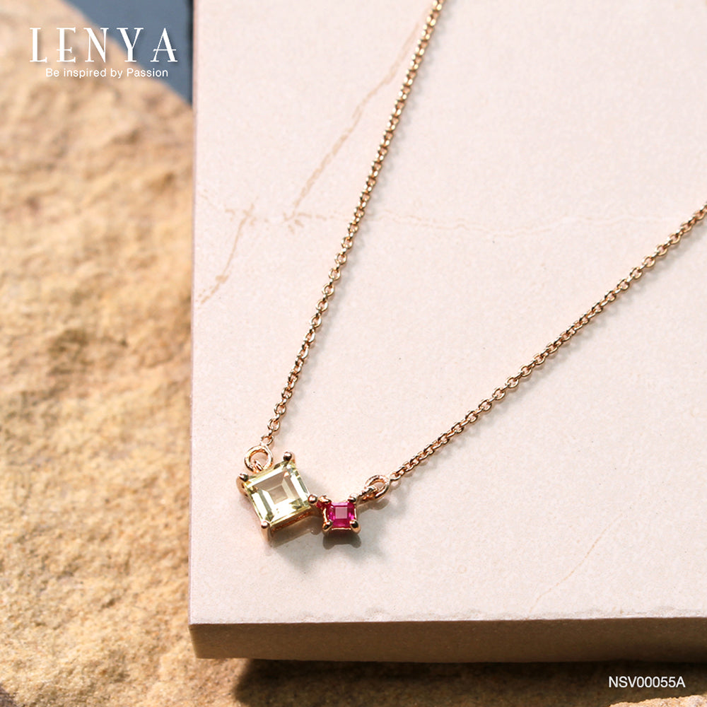 LENYA สร้อยคอเงินแท้ ชุบพิงค์โกล์ด ประดับ เลมอนควอตซ์ (Lemon Quartz) ทรงสี่เหลี่ยม และทับทิม