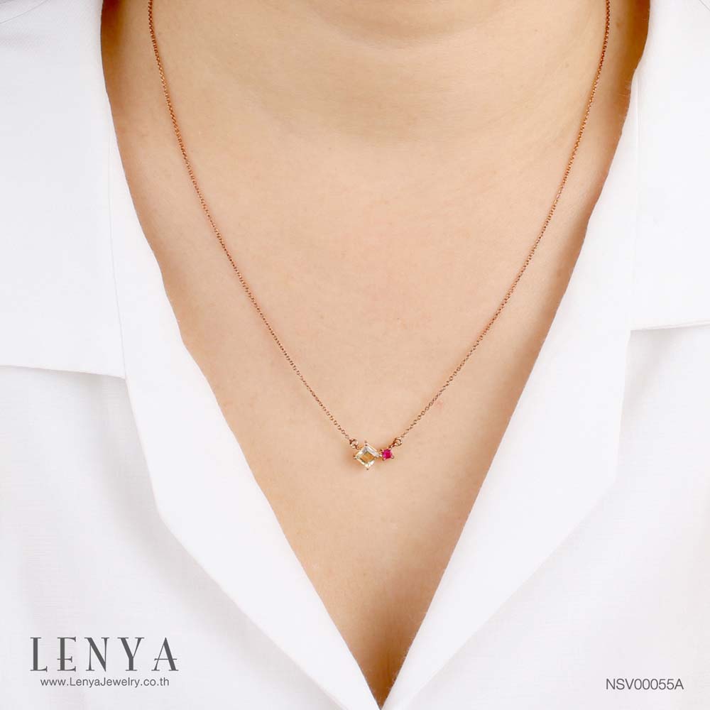 LENYA สร้อยคอเงินแท้ ชุบพิงค์โกล์ด ประดับ เลมอนควอตซ์ (Lemon Quartz) ทรงสี่เหลี่ยม และทับทิม