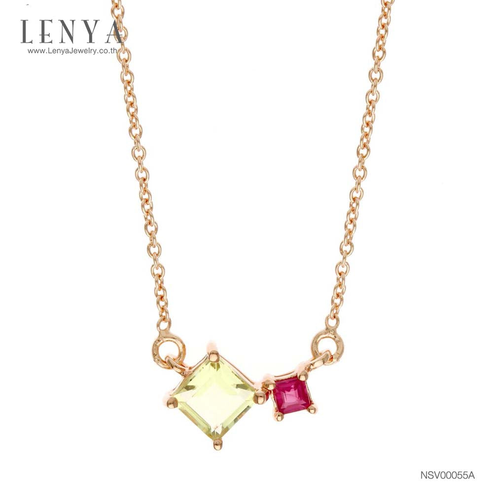 LENYA สร้อยคอเงินแท้ ชุบพิงค์โกล์ด ประดับ เลมอนควอตซ์ (Lemon Quartz) ทรงสี่เหลี่ยม และทับทิม