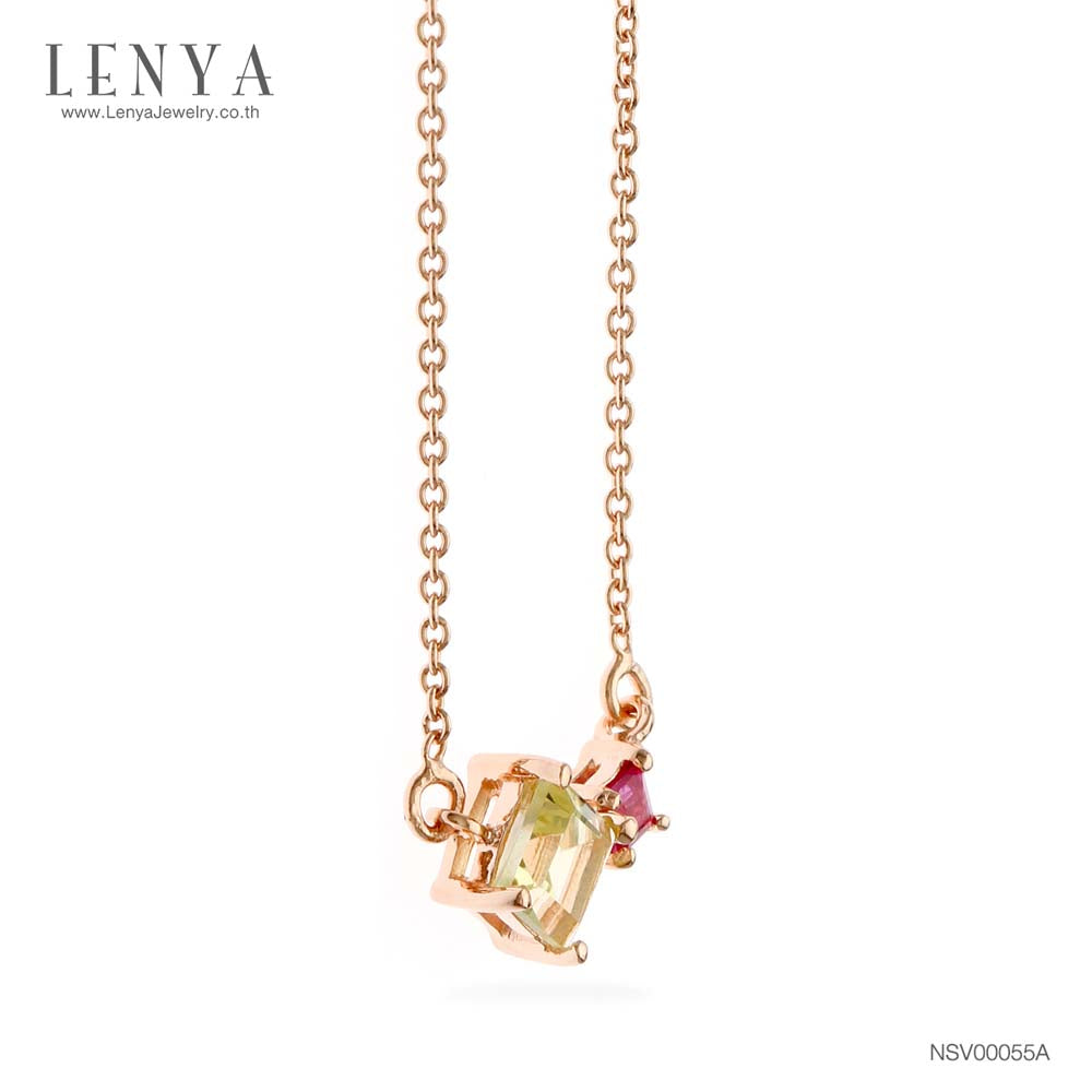 LENYA สร้อยคอเงินแท้ ชุบพิงค์โกล์ด ประดับ เลมอนควอตซ์ (Lemon Quartz) ทรงสี่เหลี่ยม และทับทิม