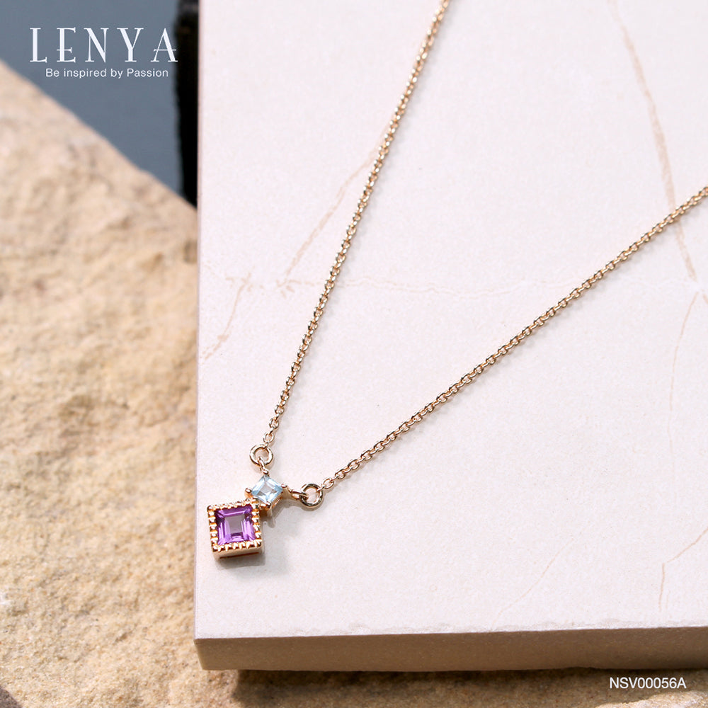 LENYA สร้อยคอเงินแท้ ชุบพิงค์โกลด์ ประดับอเมทีสต์ (Amethyst) และบลูโทแพซ (Blue Topaz) ทรงเหลี่ยม