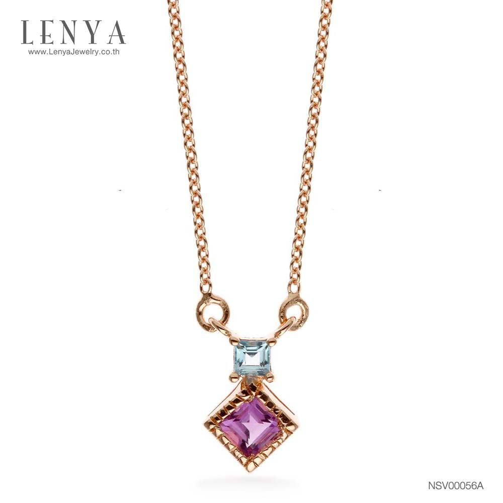 LENYA สร้อยคอเงินแท้ ชุบพิงค์โกลด์ ประดับอเมทีสต์ (Amethyst) และบลูโทแพซ (Blue Topaz) ทรงเหลี่ยม