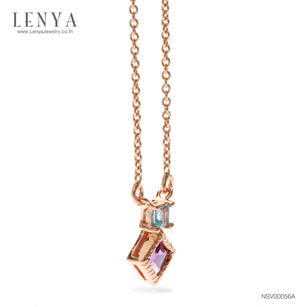 LENYA สร้อยคอเงินแท้ ชุบพิงค์โกลด์ ประดับอเมทีสต์ (Amethyst) และบลูโทแพซ (Blue Topaz) ทรงเหลี่ยม