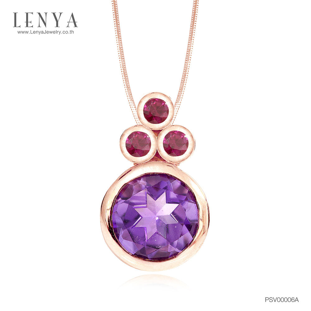 LENYA จี้พลอยอเมทิสต์ (Amethyst) สีม่วง ประดับทับทิม สีชมพู   ตัวเรือนเงินแท้ชุบพิ้งค์โกลด์(Pink Gold)