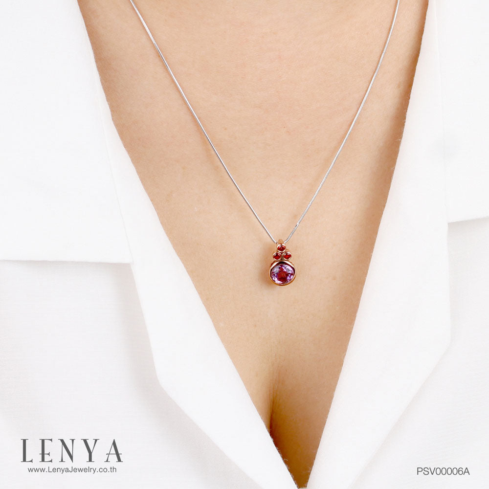 LENYA จี้พลอยอเมทิสต์ (Amethyst) สีม่วง ประดับทับทิม สีชมพู   ตัวเรือนเงินแท้ชุบพิ้งค์โกลด์(Pink Gold)