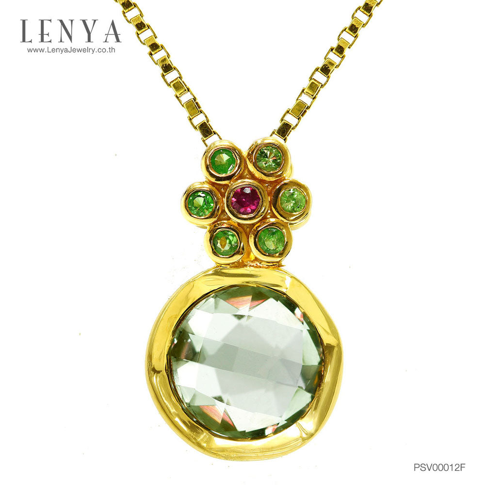 LENYA จี้เงินแท้ 925 ชุบทอง ประดับ อเมทีสต์สีเขียว(Green Amethyst) ซาโวไรท์(Tsavorite) และ ทับทิม(Ruby)