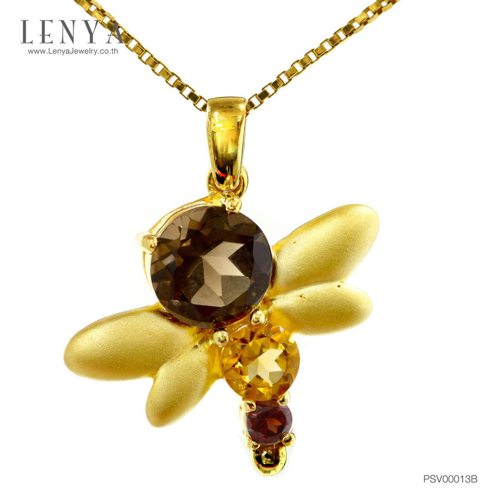 LENYA จี้พลอยสโมคกี้ควอตซ์(Smoky Quartz) ดีไซน์รูปแมงปอน่ารักสุดๆ เหมาะสำหรับมอบให้เป็นของขวัญ ตัวเรือนเงินแท้ชุบทองคำแบบขัดด้าน
