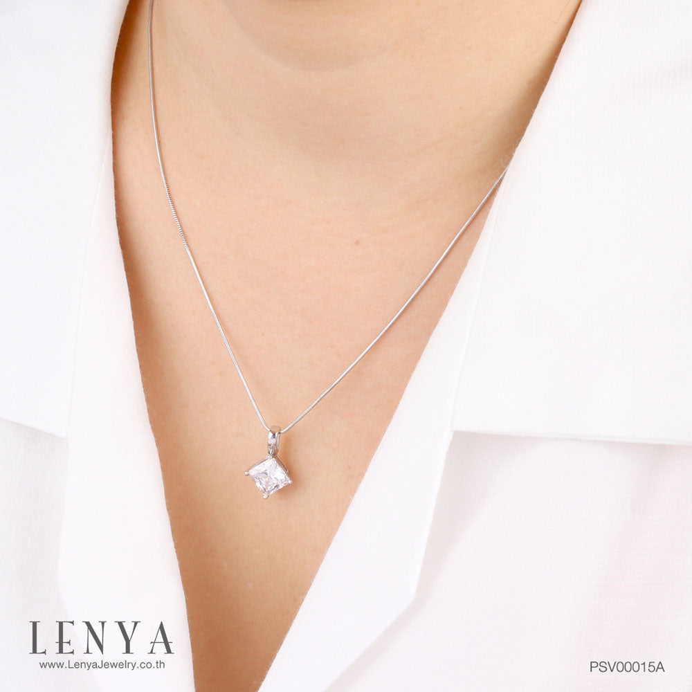 LENYA จี้ CZ  DiamondLike สี่เหลี่ยมเสริมลุคใส่สบาย ขนาด 7 มิล ตัวเรือนเงินแท้925ชุบทองคำขาว
