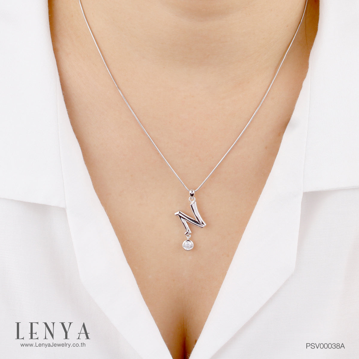 LENYA จี้ตัวอักษร ตัว N ตัวเรือนเงินแท้ชุบทองคำขาว ประดับเพชร DiamondLike