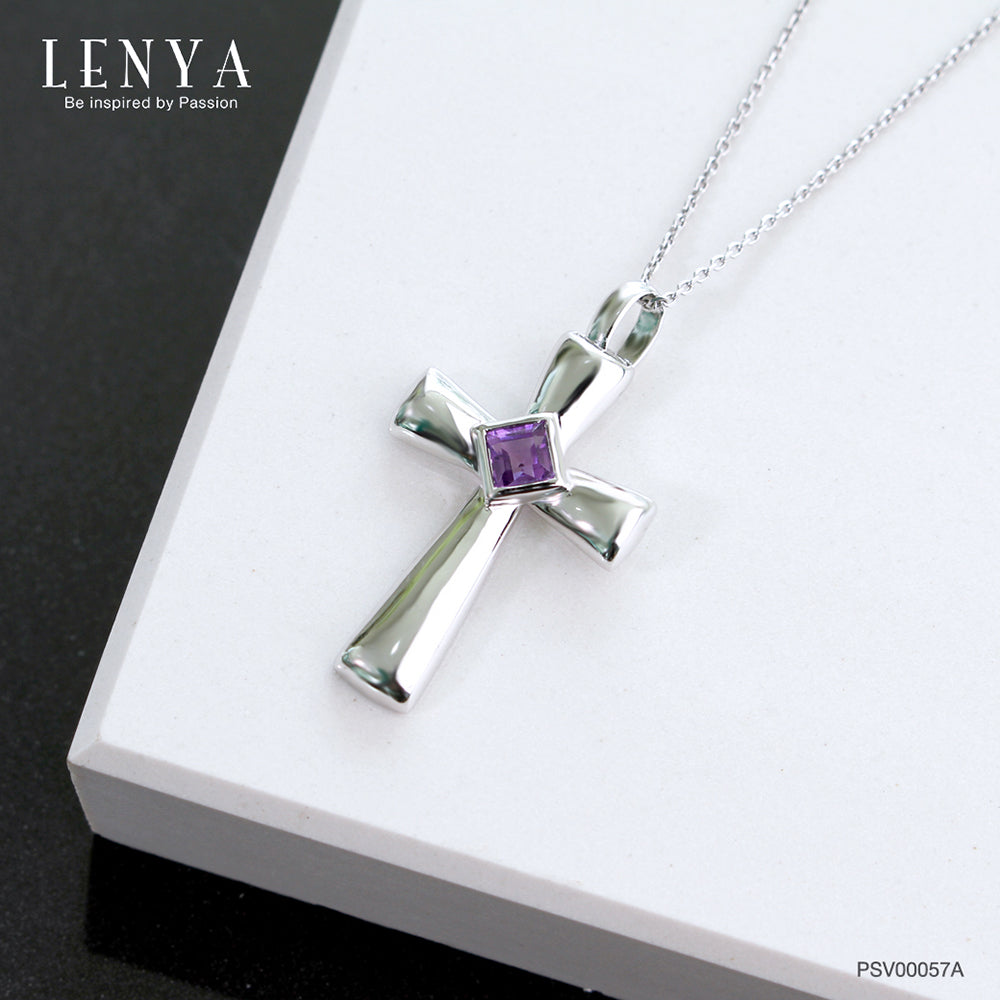 LENYA จี้พลอยอเมทิสต์(Amethyst) ดีไซน์แบบรูปไม้กางเขน เหมาะสำหรับผู้ที่นับถือศาสนาคริสต์ บนตัวเรือนเงินแท้ชุบทองคำขาว