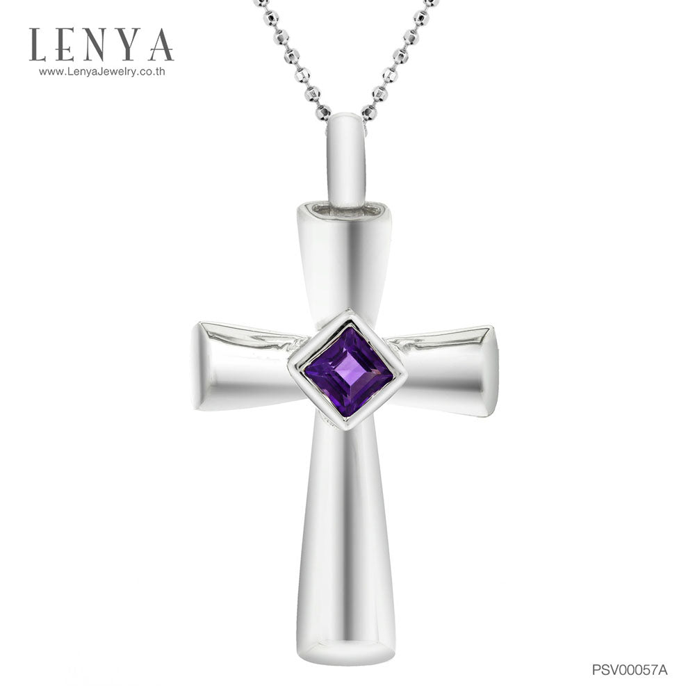 LENYA จี้พลอยอเมทิสต์(Amethyst) ดีไซน์แบบรูปไม้กางเขน เหมาะสำหรับผู้ที่นับถือศาสนาคริสต์ บนตัวเรือนเงินแท้ชุบทองคำขาว