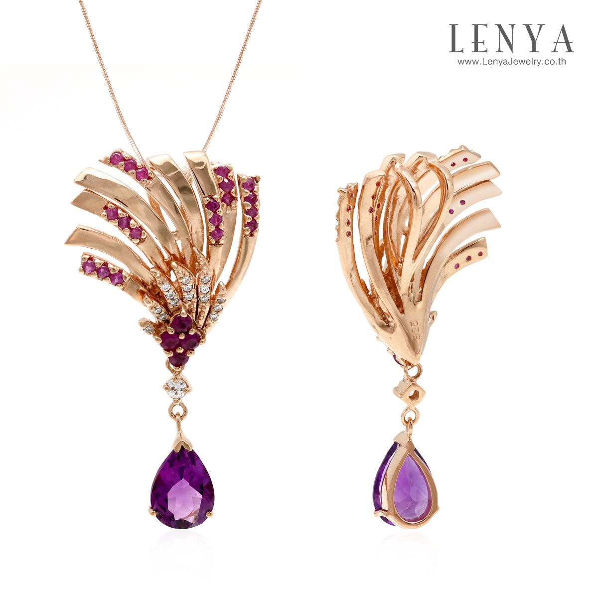 LENYA จี้ประดับอเมทิสต์(Amethyst) ทับทิม(Ruby) และเพชร DiamondLike บนตัวเรือนเงินแท้ชุบสีพิงค์โกลด์แท้