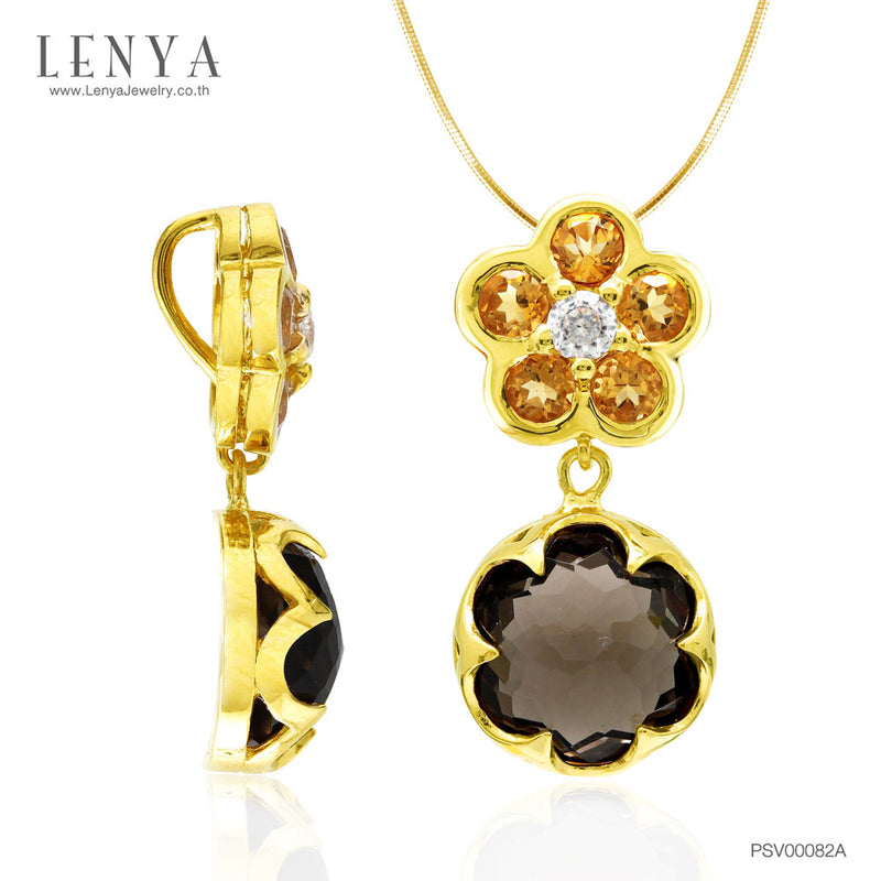 LENYA จี้ประดับพลอยสโมคกี้ควอตซ์(Smoky Quartz) ซิทรินสีเหลือง(Citrine) และคิวบิกเซอร์โคเนีย (Cubic Zirconia) ตัวเรือนเงินแท้ชุบทองคำขาว