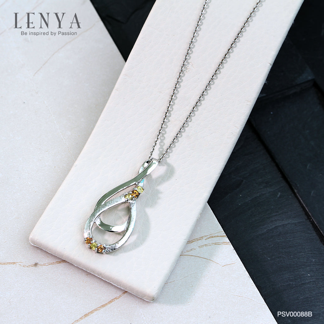 LENYA จี้เงินแท้ 925 ชุบทองขาว ประดับแซฟไฟร์สีเหลือง(Yellow Sapphire) แซฟไฟร์สีส้ม(Orange Sapphire) มีตัดลาย Texture ที่ตัวเรือน สวยไม่เหมือนใคร