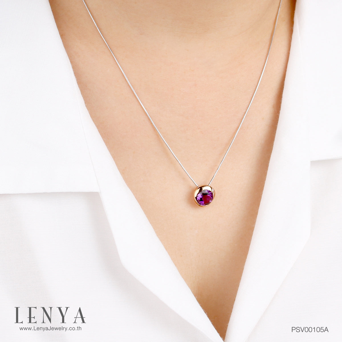 LENYA จี้อเมทีสต์ (Amethyst) สีม่วง ตัวเรือนเงินแท้ชุบสีพิ้งค์โกลด์ เหมาะกับสาว working woman