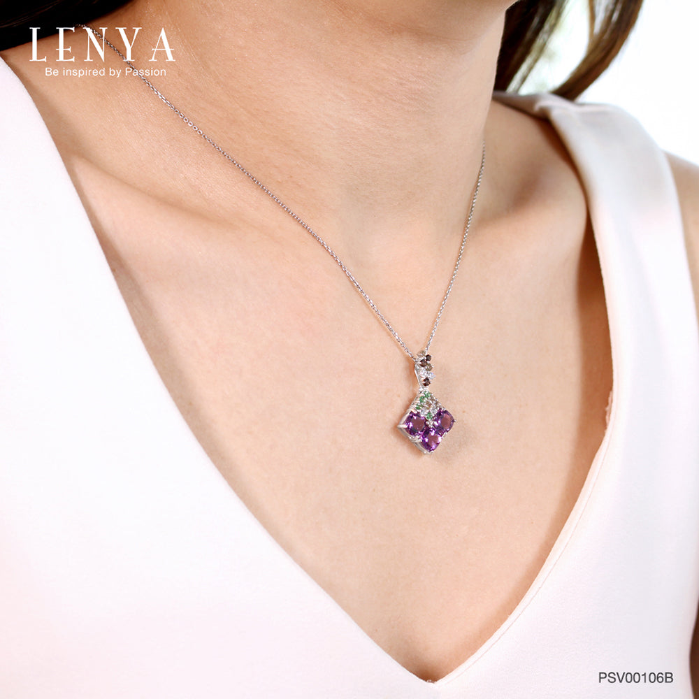 LENYA จี้พลอยอเมทิสต์ เสริมความสงบใจ มีสติ มั่งคั่ง ขนาด 6 มิล ตัวเรือนเงินแท้925 ชุบทองคำขาว