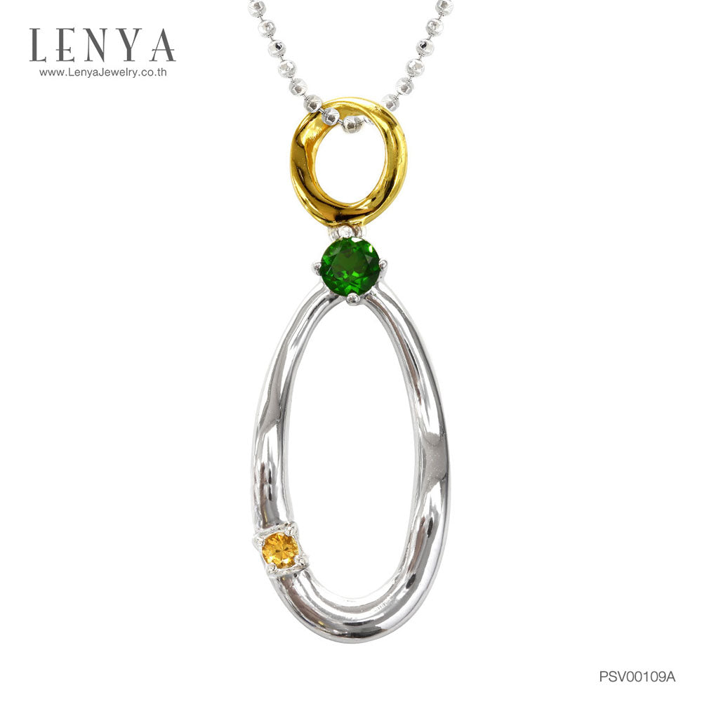 LENYA จี้ดีไซน์น่ารัก ประดับพลอยโครมไดออฟไซด์ (Chrome Diopside) และออเร้นจ์ แซฟไฟร์ (Orange Sapphire) ตัวเรือนเงินแท้ชุบสีแบบทูโทน ชุบทองคำขาวและทองคำแท้