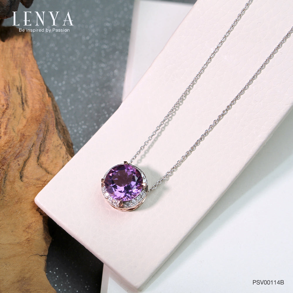 LENYA จี้ อเมทีสต์ (Amethyst) สีม่วง ตัวเรือนเงินแท้ 925 ชุบทองพิ้งโกลด์ ล้อมเม็ดเล็กๆสีขาวด้วย คิวบิกเซอร์โคเนีย (Cubic Zirconia)