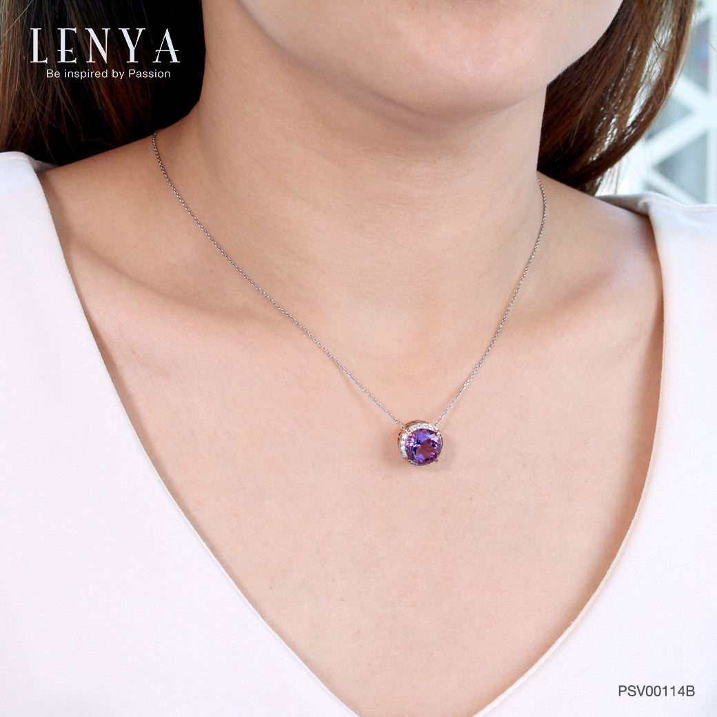 LENYA จี้ อเมทีสต์ (Amethyst) สีม่วง ตัวเรือนเงินแท้ 925 ชุบทองพิ้งโกลด์ ล้อมเม็ดเล็กๆสีขาวด้วย คิวบิกเซอร์โคเนีย (Cubic Zirconia)