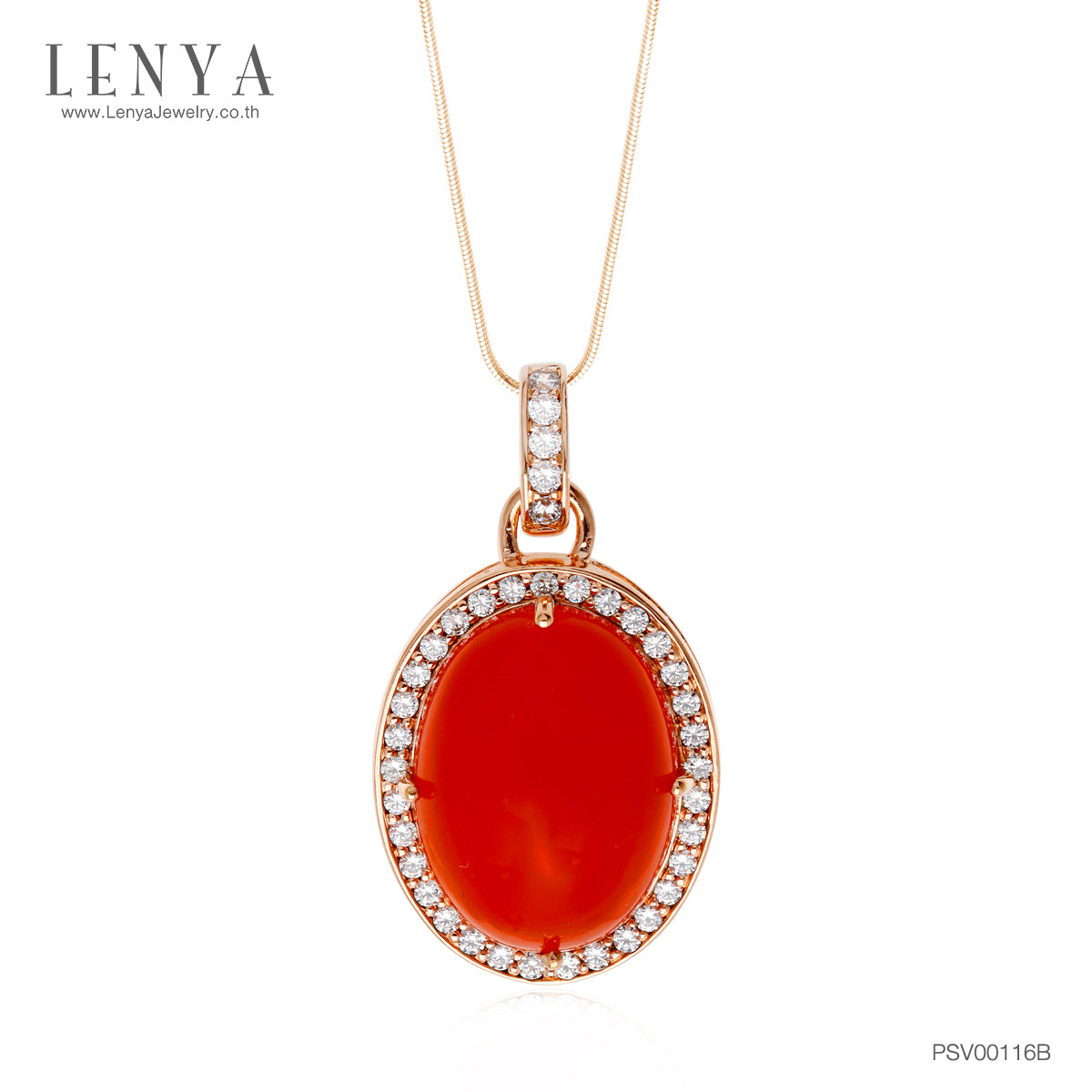 LENYA จี้ประดับคาร์เนเลี่ยน(Carnelian) ล้อมด้วยเพชร DiamondLike ตัวเรือนเงินแท้ชุบสีพิงค์โกลด์(Pink Gold)