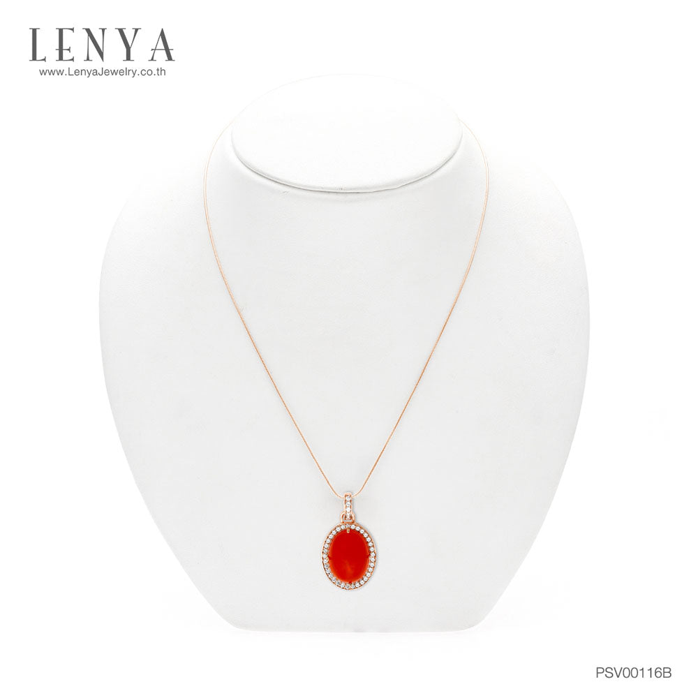 LENYA จี้ประดับคาร์เนเลี่ยน(Carnelian) ล้อมด้วยเพชร DiamondLike ตัวเรือนเงินแท้ชุบสีพิงค์โกลด์(Pink Gold)