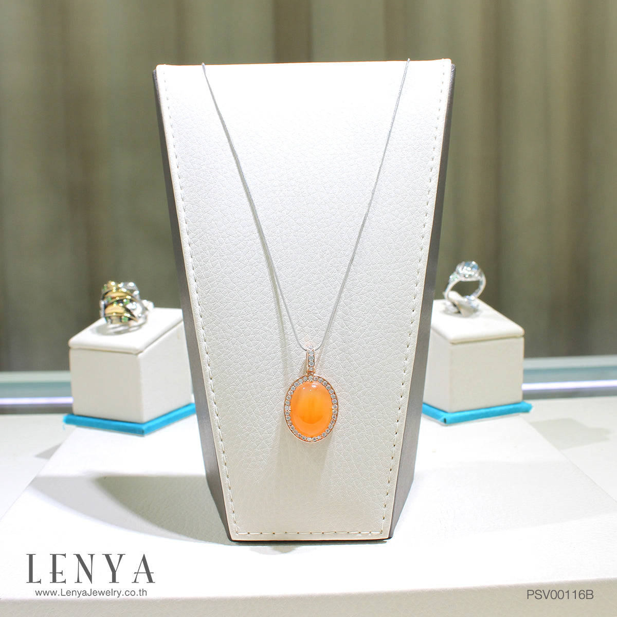 LENYA จี้ประดับคาร์เนเลี่ยน(Carnelian) ล้อมด้วยเพชร DiamondLike ตัวเรือนเงินแท้ชุบสีพิงค์โกลด์(Pink Gold)