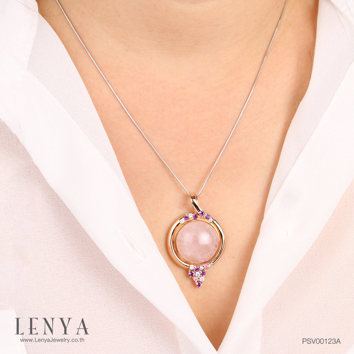 LENYA จี้ประดับโรสควอร์ทซ์ (Rose Quartz) สีชมพู เสริมเสน่ห์เรื่องความรัก สร้างมิตรภาพหนุนนำควมร่ำรวย ตัวเรือนเงินแท้ชุบสีพิ้งค์โกลด์ (Pink Gold)
