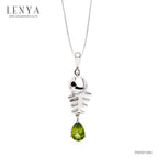 LENYA จี้ LenYa ดีไซน์ก้างปลา ประดับพลอยเพอริดอท ทรงหยดน้ำ เม็ดเดี่ยวห้อยที่หางปลา ฝังพลอยสโมคกี้ควอทซ์ (Smoky Quartz)ที่ตาปลา ตัวเรือนเงินแท้ชุบทองคำขาว