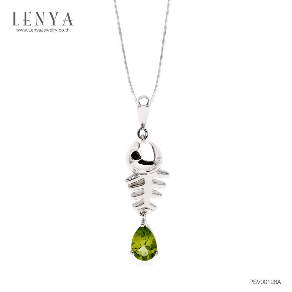 LENYA จี้ LenYa ดีไซน์ก้างปลา ประดับพลอยเพอริดอท ทรงหยดน้ำ เม็ดเดี่ยวห้อยที่หางปลา ฝังพลอยสโมคกี้ควอทซ์ (Smoky Quartz)ที่ตาปลา ตัวเรือนเงินแท้ชุบทองคำขาว