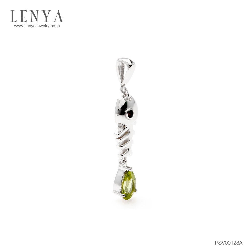 LENYA จี้ LenYa ดีไซน์ก้างปลา ประดับพลอยเพอริดอท ทรงหยดน้ำ เม็ดเดี่ยวห้อยที่หางปลา ฝังพลอยสโมคกี้ควอทซ์ (Smoky Quartz)ที่ตาปลา ตัวเรือนเงินแท้ชุบทองคำขาว
