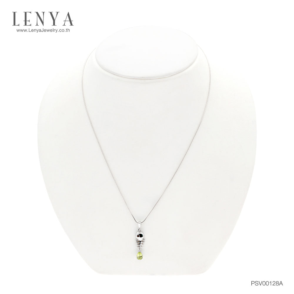 LENYA จี้ LenYa ดีไซน์ก้างปลา ประดับพลอยเพอริดอท ทรงหยดน้ำ เม็ดเดี่ยวห้อยที่หางปลา ฝังพลอยสโมคกี้ควอทซ์ (Smoky Quartz)ที่ตาปลา ตัวเรือนเงินแท้ชุบทองคำขาว