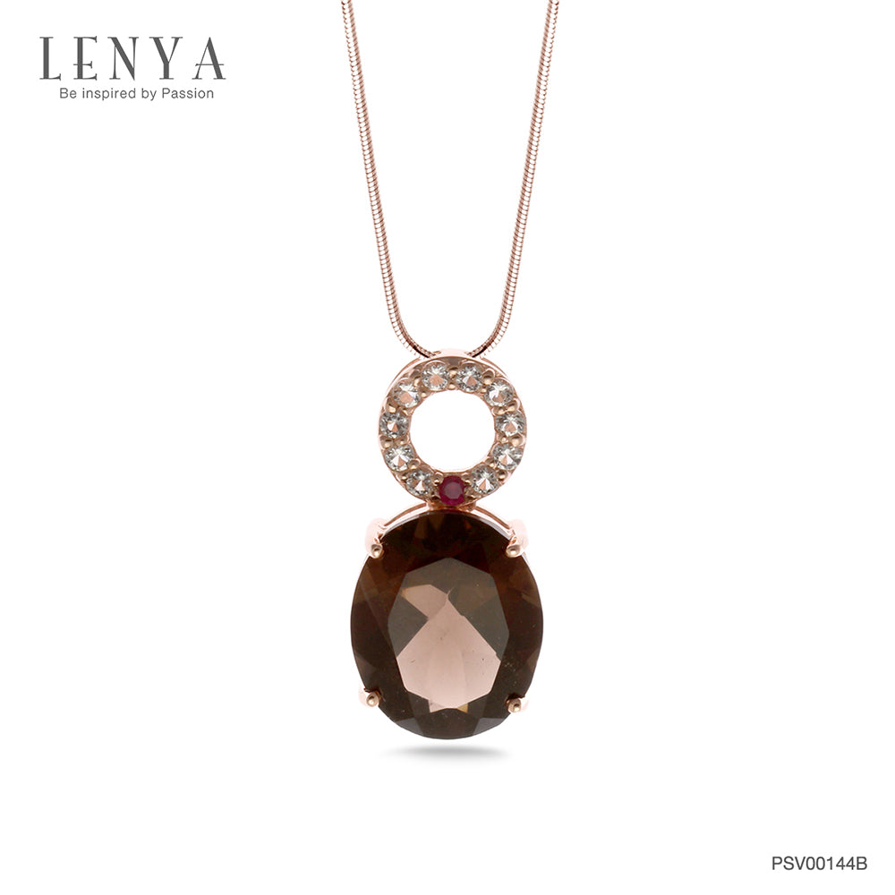 LENYA จี้พลอยสโมคกี้คอวร์ซ (Smoky Quartz) สีน้ำตาล ประดับด้วยทับทิมสีชมพู(Ruby) และ ไวโทพาส (White Topaz) ตัวเรือนเงินแท้ 925 ชุบพิ้งค์โกลด์