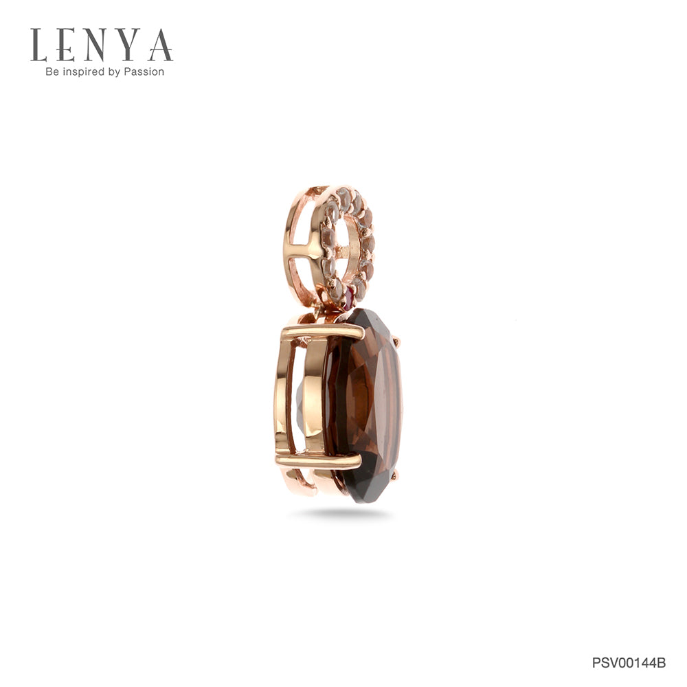 LENYA จี้พลอยสโมคกี้คอวร์ซ (Smoky Quartz) สีน้ำตาล ประดับด้วยทับทิมสีชมพู(Ruby) และ ไวโทพาส (White Topaz) ตัวเรือนเงินแท้ 925 ชุบพิ้งค์โกลด์