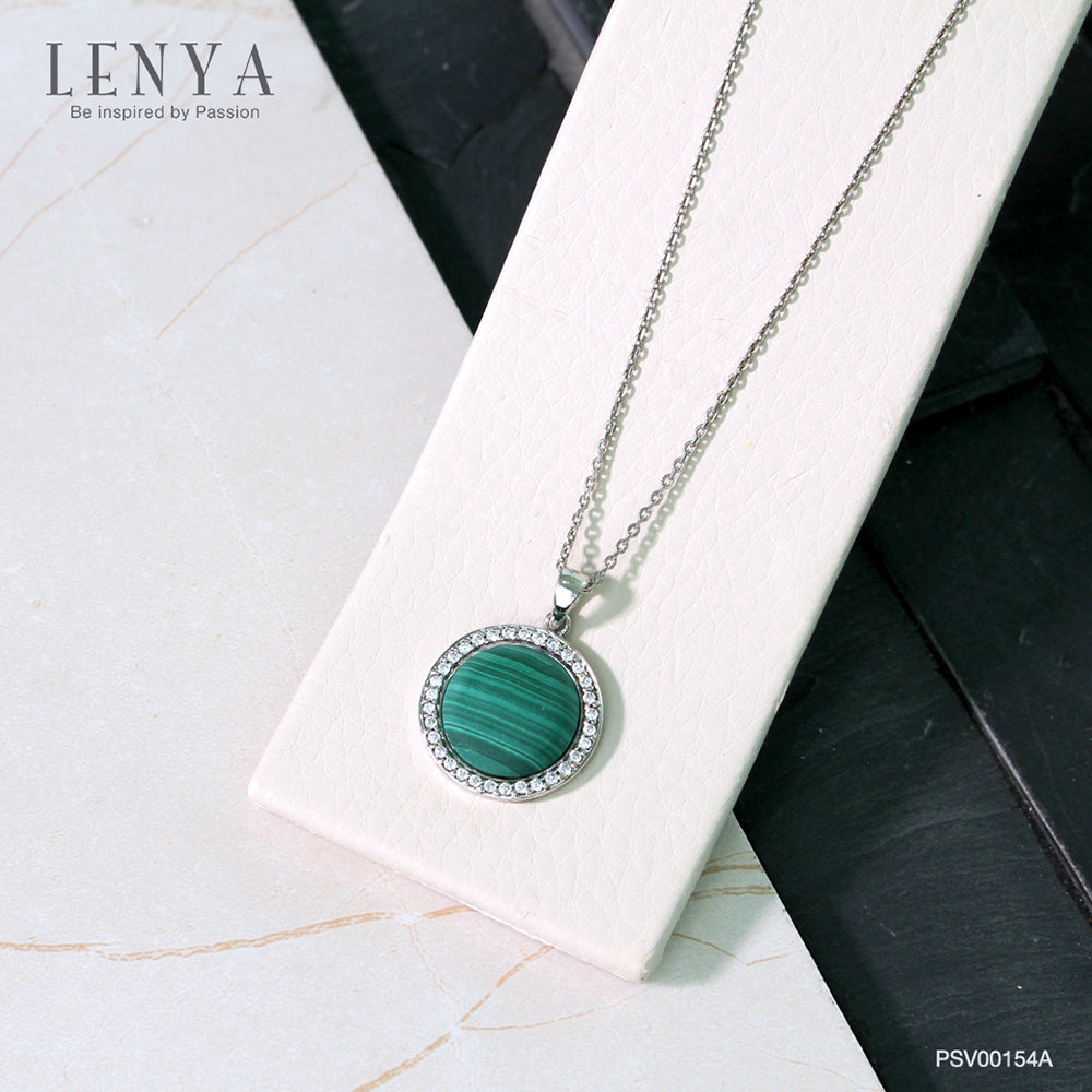 LENYA จี้มาลาไคท์(Malachite) ล้อมด้วย คิวบิกเซอร์โคเนีย (Cubic Zirconia) เม็ดเล็กสีขาว ตัวเรือนเงินแท้ 925 ชุบทองขาว
