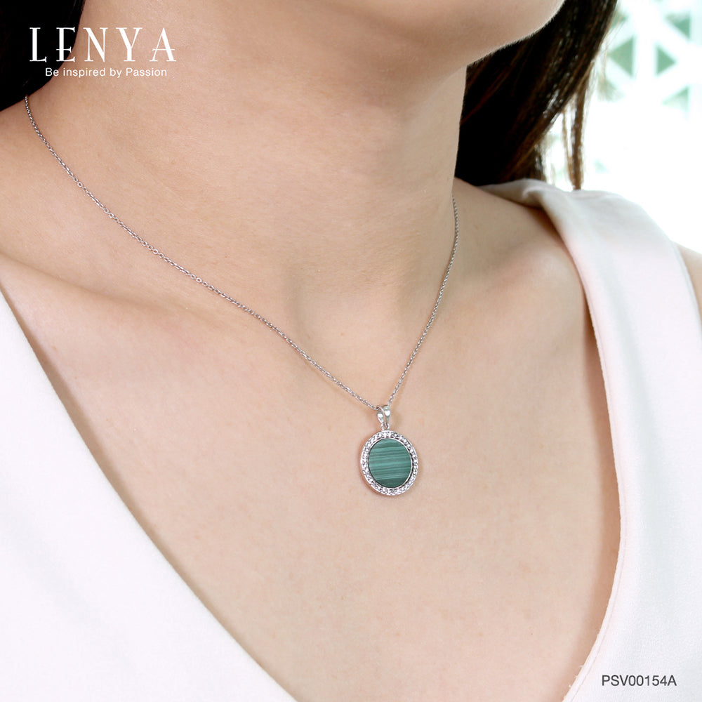 LENYA จี้มาลาไคท์(Malachite) ล้อมด้วย คิวบิกเซอร์โคเนีย (Cubic Zirconia) เม็ดเล็กสีขาว ตัวเรือนเงินแท้ 925 ชุบทองขาว