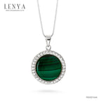 LENYA จี้มาลาไคท์(Malachite) ล้อมด้วย คิวบิกเซอร์โคเนีย (Cubic Zirconia) เม็ดเล็กสีขาว ตัวเรือนเงินแท้ 925 ชุบทองขาว