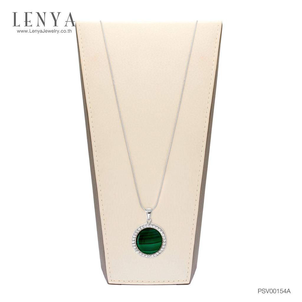 LENYA จี้มาลาไคท์(Malachite) ล้อมด้วย คิวบิกเซอร์โคเนีย (Cubic Zirconia) เม็ดเล็กสีขาว ตัวเรือนเงินแท้ 925 ชุบทองขาว