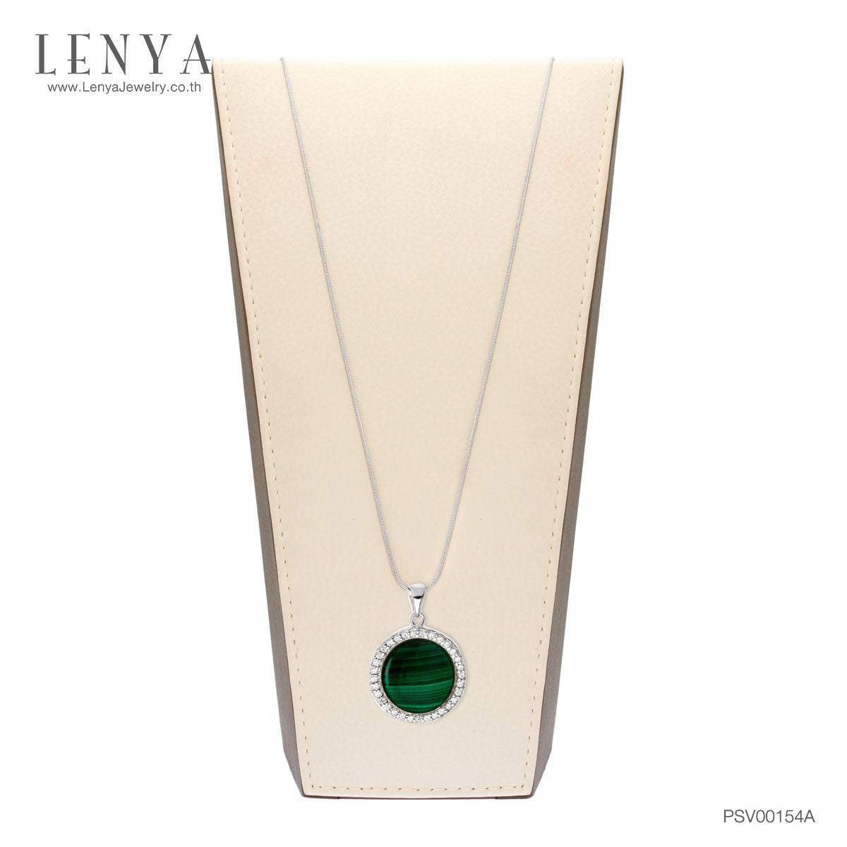 LENYA จี้มาลาไคท์(Malachite) ล้อมด้วย คิวบิกเซอร์โคเนีย (Cubic Zirconia) เม็ดเล็กสีขาว ตัวเรือนเงินแท้ 925 ชุบทองขาว