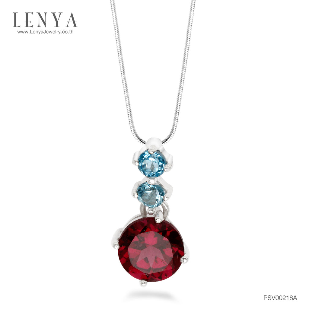 LENYA จี้เงินแท้ 925 ชุปทองคำขาว ประดับพลอย สีม่วงอมแดง โรโดไลท์ (Rhodolite) สวยโดดเด่น  และตกแต่งด้วยพลอยสีฟ้า บลู โทแพซ  ( Blue Topaz) ดีไซน์ น่ารักๆ