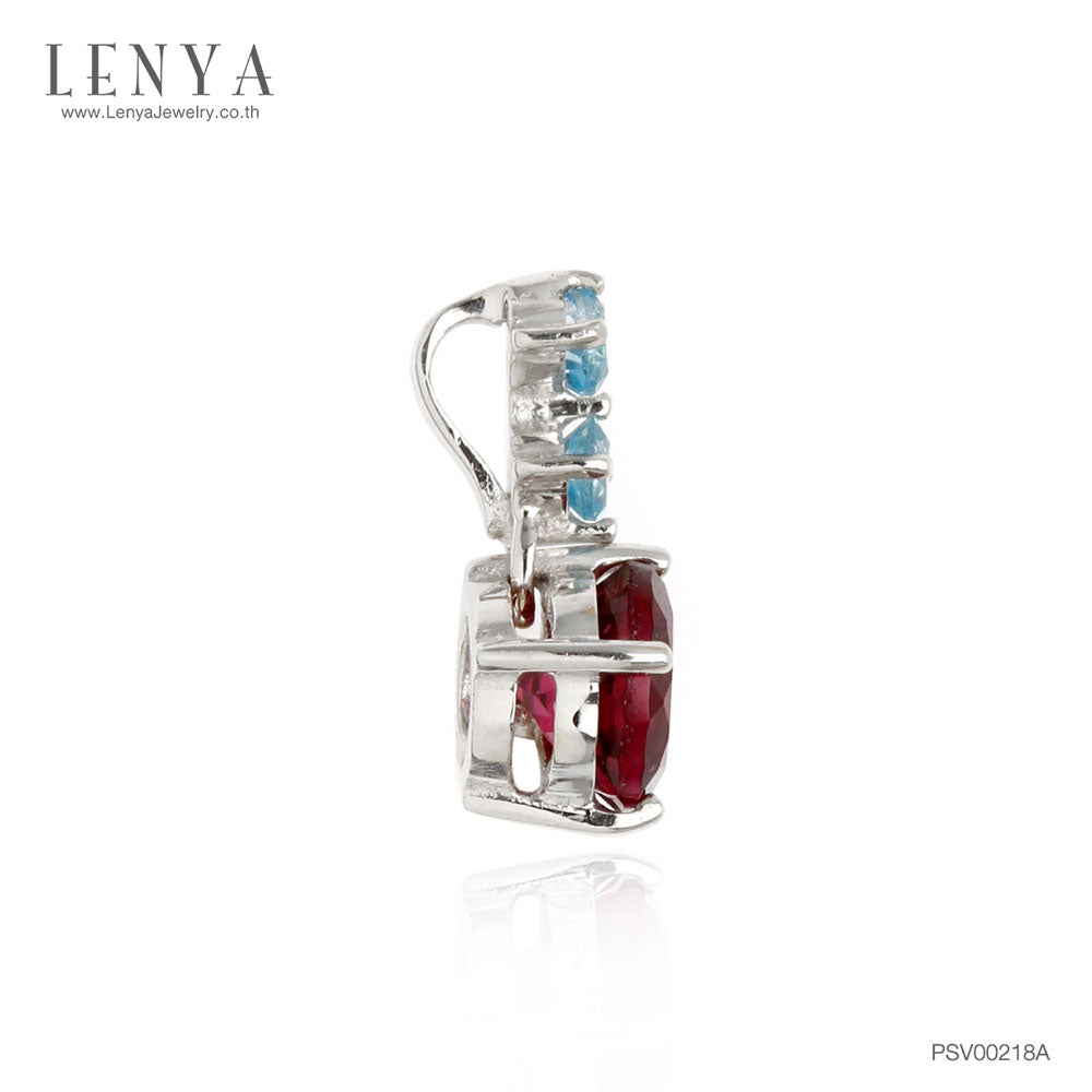 LENYA จี้เงินแท้ 925 ชุปทองคำขาว ประดับพลอย สีม่วงอมแดง โรโดไลท์ (Rhodolite) สวยโดดเด่น  และตกแต่งด้วยพลอยสีฟ้า บลู โทแพซ  ( Blue Topaz) ดีไซน์ น่ารักๆ