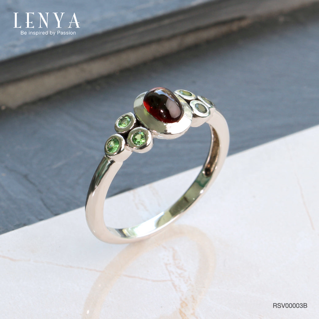 LENYA แหวนพลอยโกเมน(Garnet)  ประดับพลอยซาโวไรท์(Tsavorite) เหมาะสวมใส่ได้ทุกวัน ตัวเรือนเงินแท้ชุบทองคำขาว