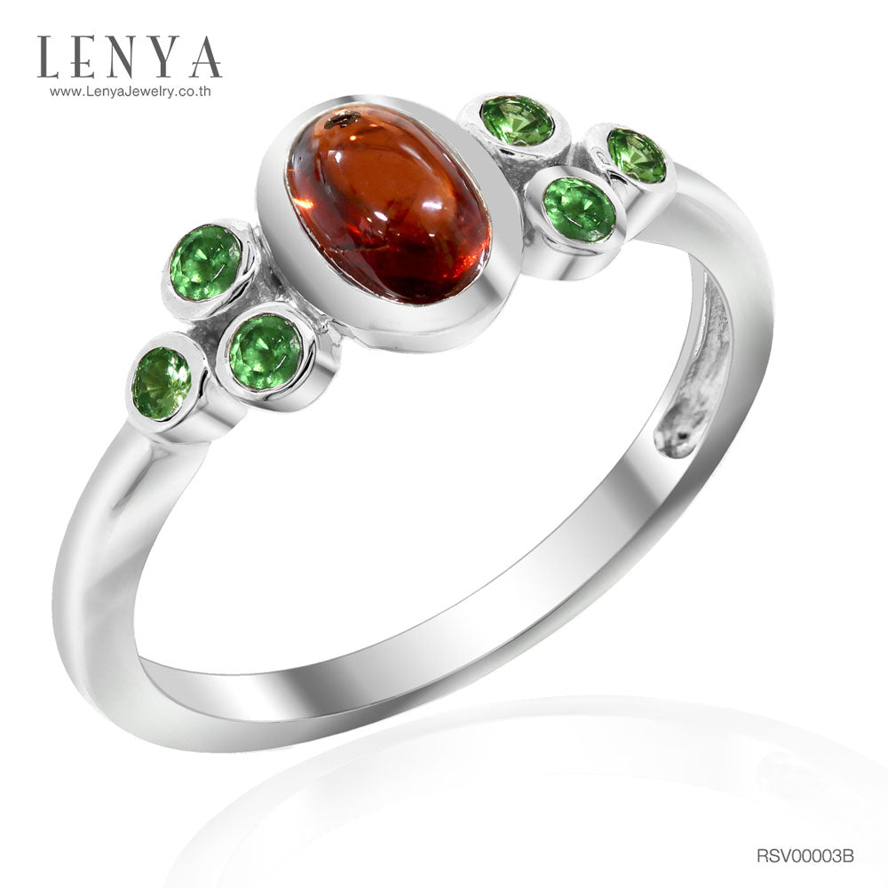 LENYA แหวนพลอยโกเมน(Garnet)  ประดับพลอยซาโวไรท์(Tsavorite) เหมาะสวมใส่ได้ทุกวัน ตัวเรือนเงินแท้ชุบทองคำขาว