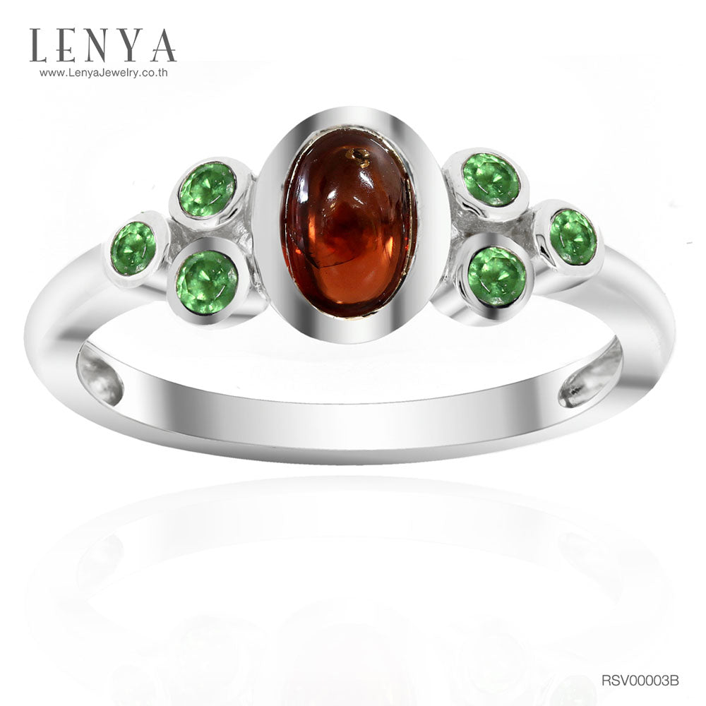 LENYA แหวนพลอยโกเมน(Garnet)  ประดับพลอยซาโวไรท์(Tsavorite) เหมาะสวมใส่ได้ทุกวัน ตัวเรือนเงินแท้ชุบทองคำขาว