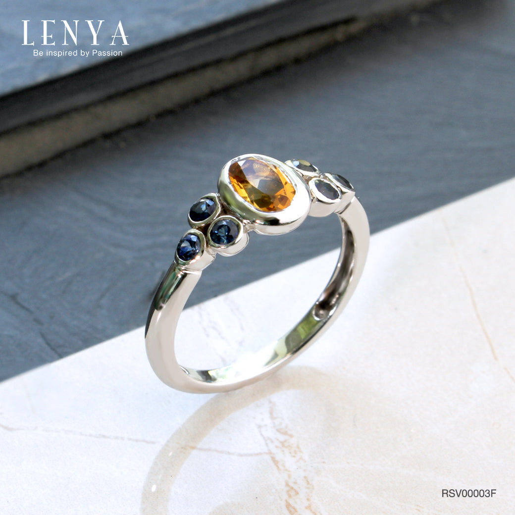 LENYA แหวนพลอยซิทริน(Citrine) ประดับพลอยไพลิน(Blue Sapphire) เหมาะสวมใส่ได้ทุกวัน ตัวเรือนเงินแท้ชุบทองคำขาว