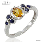 LENYA แหวนพลอยซิทริน(Citrine) ประดับพลอยไพลิน(Blue Sapphire) เหมาะสวมใส่ได้ทุกวัน ตัวเรือนเงินแท้ชุบทองคำขาว