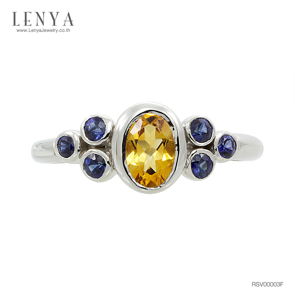LENYA แหวนพลอยซิทริน(Citrine) ประดับพลอยไพลิน(Blue Sapphire) เหมาะสวมใส่ได้ทุกวัน ตัวเรือนเงินแท้ชุบทองคำขาว