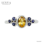 LENYA แหวนพลอยซิทริน(Citrine) ประดับพลอยไพลิน(Blue Sapphire) เหมาะสวมใส่ได้ทุกวัน ตัวเรือนเงินแท้ชุบทองคำขาว