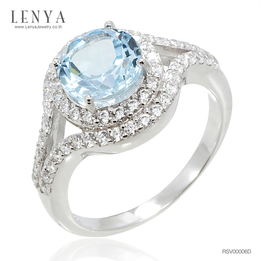LENYA แหวนพลอยบลูโทแพซ เสริมความมั่นใจ ชัดเจน ปัญญา ขนาด 10 มิล  ตัวเรือนเงินแท้925 ชุบทองคำขาว